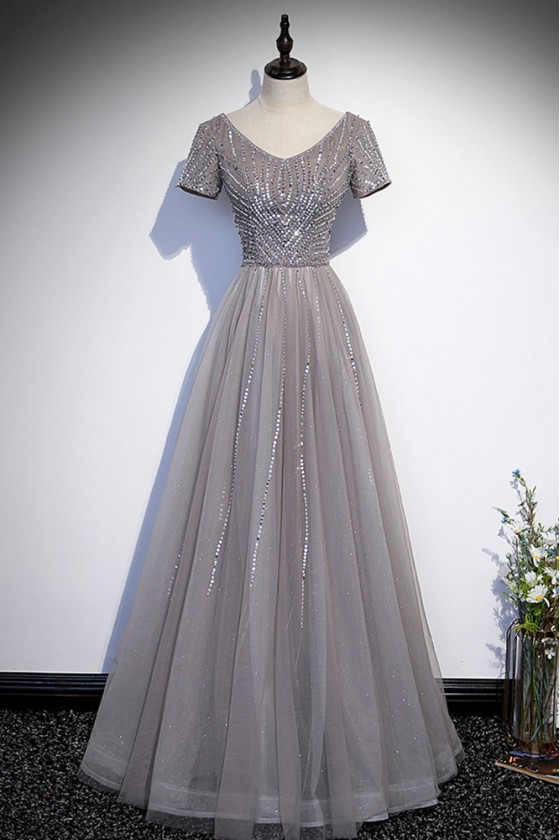 Grey Tulle Sequined Long Prom Formal Dress Vneck With Sleeves