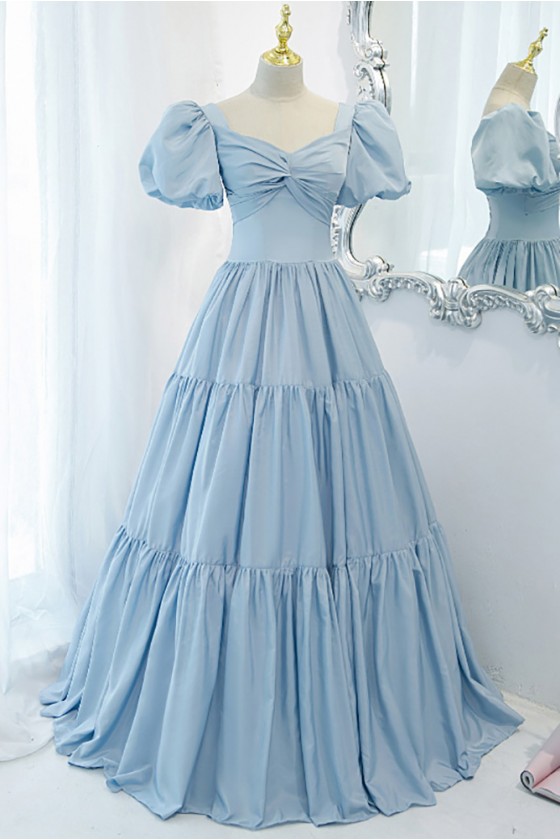 Modest Bubble Sleeves Blue Long Prom Dress Pleated With Sleeves