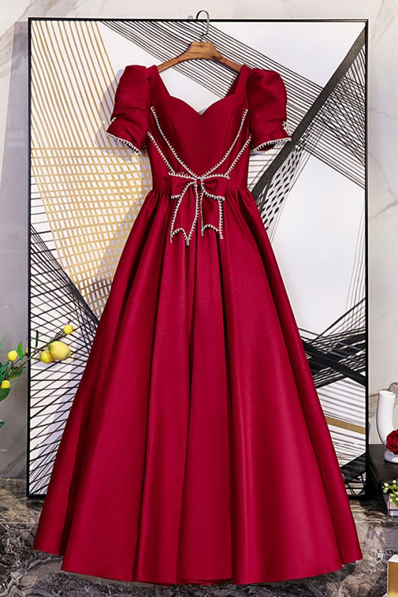 Cute Beaded Bow Knot Aline Long Prom Dress With Sleeves