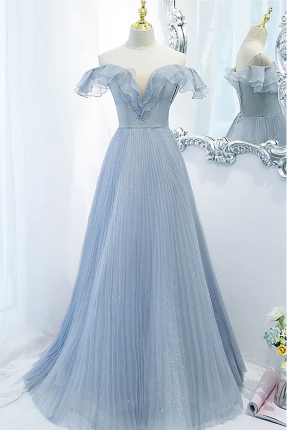 Pleated Bling Blue Off Shoulder Long Prom Dress With Ruffles