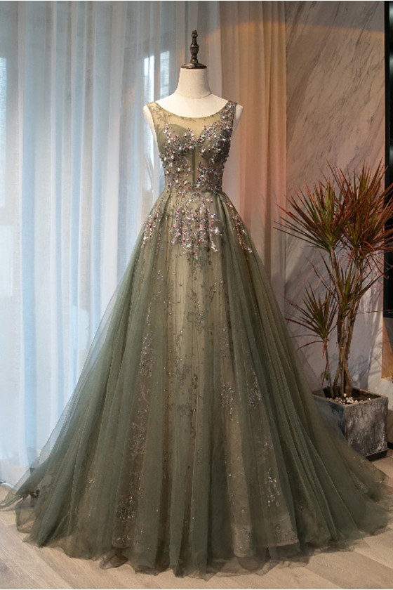 Stunning Green Sparkly Sequined Long Tulle Prom Dress Sleeveless