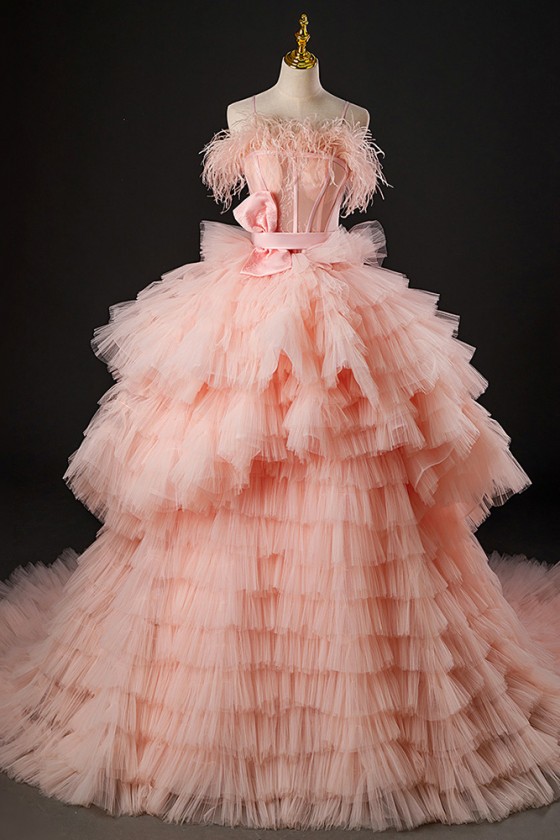 Ruffled Pink Ballgown Tiered Unique Prom Dress With Long Train