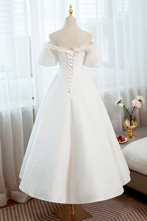 Simple Midi White Lace Elegant Party Dress with Off Shoulder 89.9928