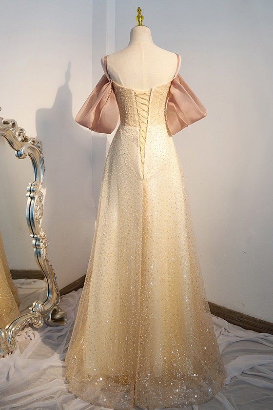 Elegant Aline Champagne Gold Evening Prom Dress with Straps - $142.992  #MS17019 - SheProm.com