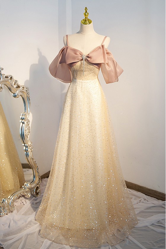 Elegant Aline Champagne Gold Evening Prom Dress With Straps