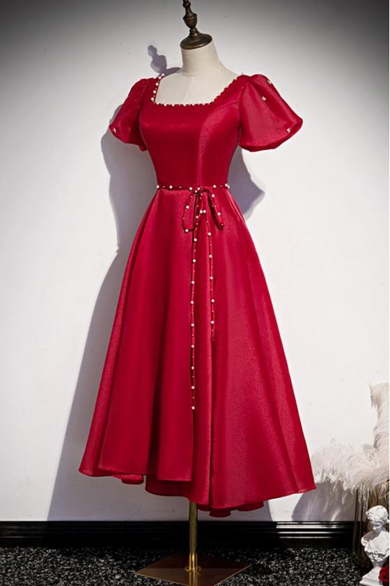 Retro Tea Length Semi Party Dress with Square Neck Sleeves - $83.988  #MS17073 - SheProm.com
