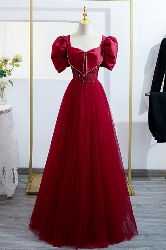 Aline Burgundy Long Tulle Prom Dress With Bubble Sleeves