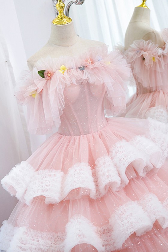 Pink And White Princess Ball Gown Formal Prom Dress with Ruffles - $289 ...