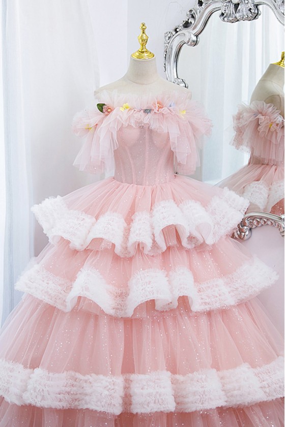 Pink And White Princess Ball Gown Formal Prom Dress with Ruffles - $289 ...