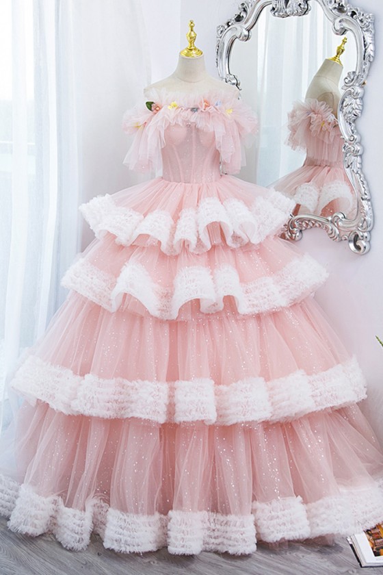 Pink And White Princess Ball Gown Formal Prom Dress With Ruffles