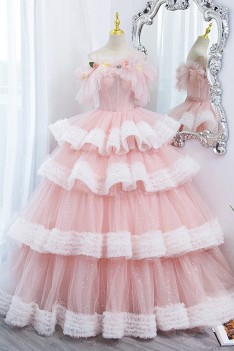 Pink And White Princess Ball Gown Formal Prom Dress with Ruffles - $289 ...