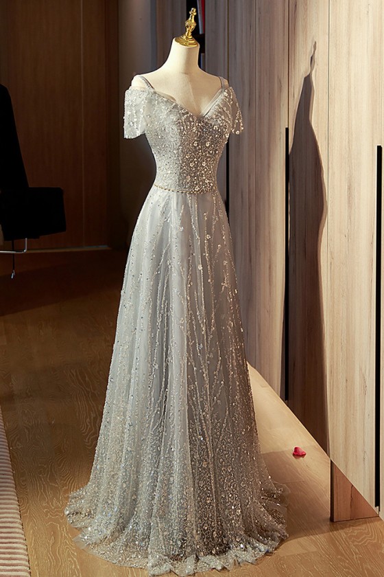 Sparkly Green Sequins Square Neck A-line Long Prom Dress with Slit& Sleeves, PD37908 main image 1