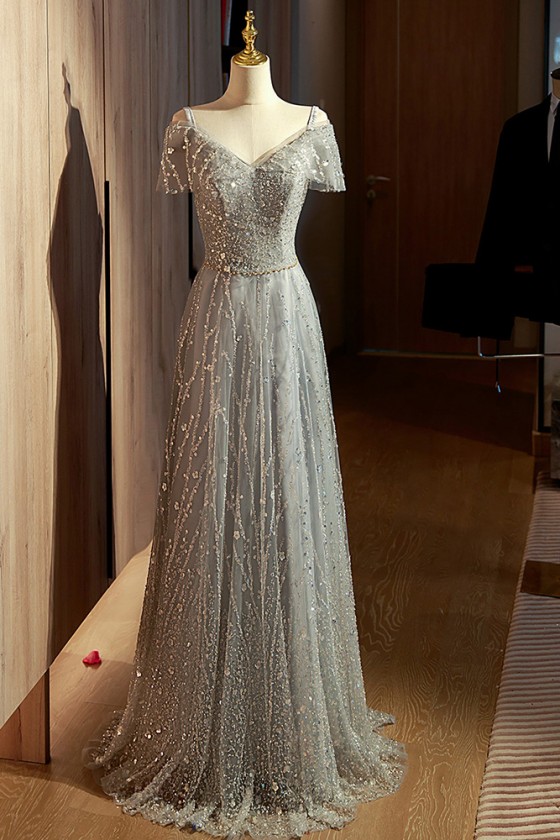 Sparkly Sequins Aline Long Prom Dress Vneck Elegant