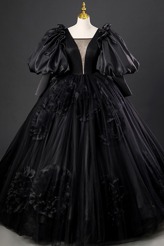 Vintage Long Black Ballgown Formal Prom Dress With Deep Vneck Sleeves
