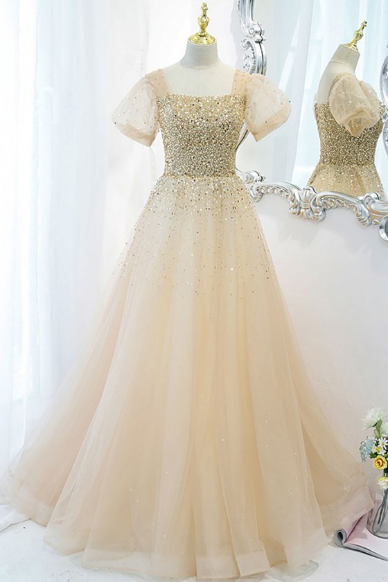 Cute Bubble Sleeved Champagne Tulle Sequined Prom Dress With Bling