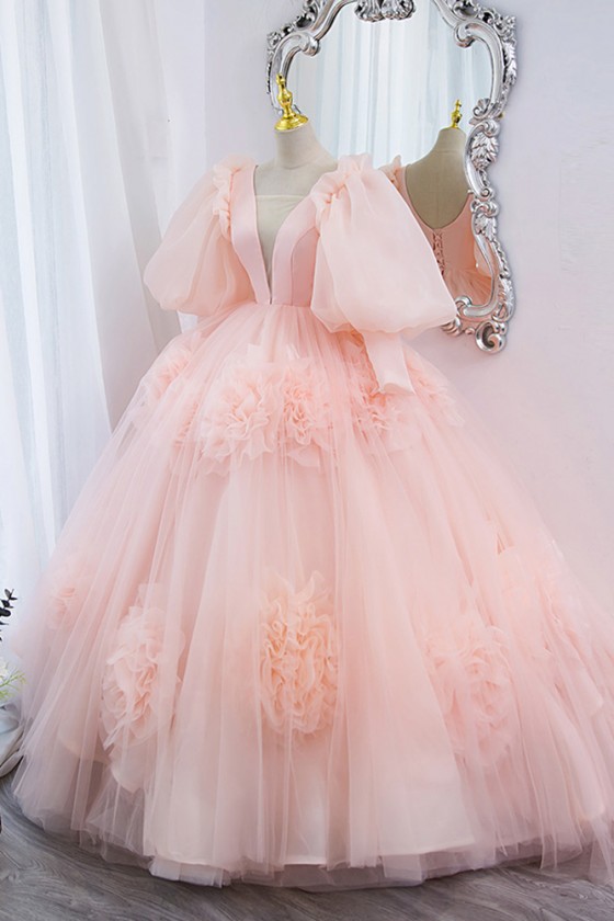 Princess Deep Vneck Ballgown Pink Prom Dress with Ruffled Flowers