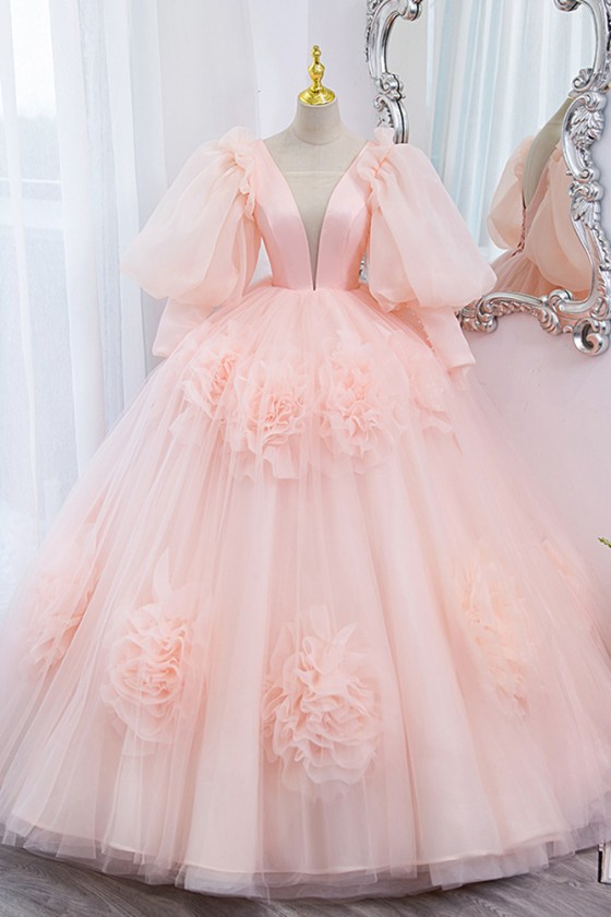 Princess Deep Vneck Ballgown Pink Prom Dress With Ruffled Flowers