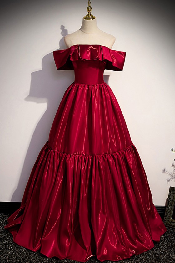 Burgundy Off Shoulder Evening Prom Dress With Ruffles