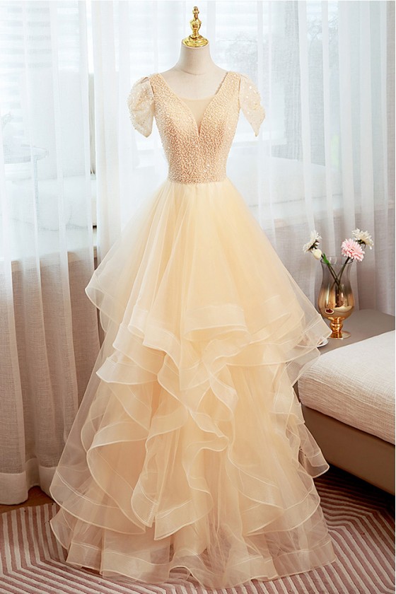 Champagne Long Ruffled Party Prom Dress With Sleeves