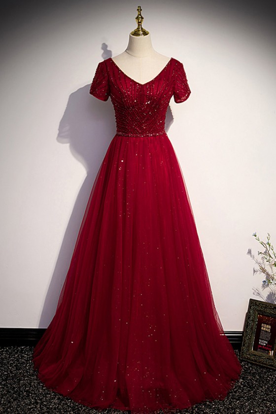 Vneck Burgundy Long Tulle Evening Prom Dress For Formal