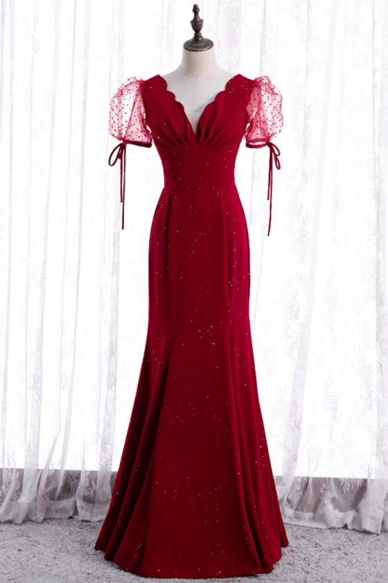 Mermaid Slim Long Burgundy Red Prom Dress Vneck With Sleeves