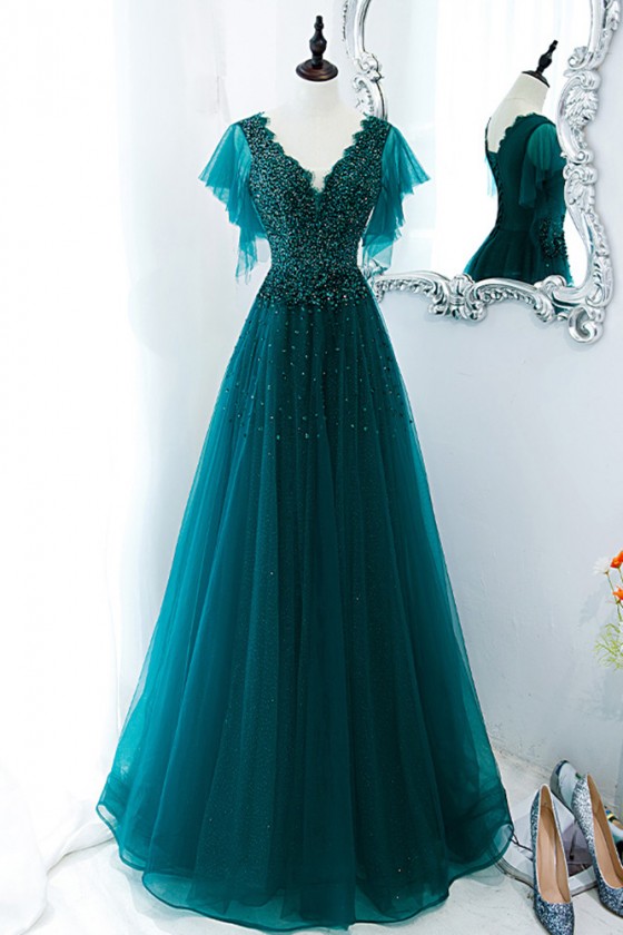 Elegant Green Long Tulle Flowy Prom Dress Vneck With Sequins