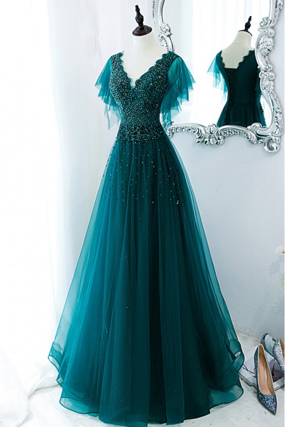 Elegant Green Long Tulle Flowy Prom Dress Vneck with Sequins - $142.992 ...