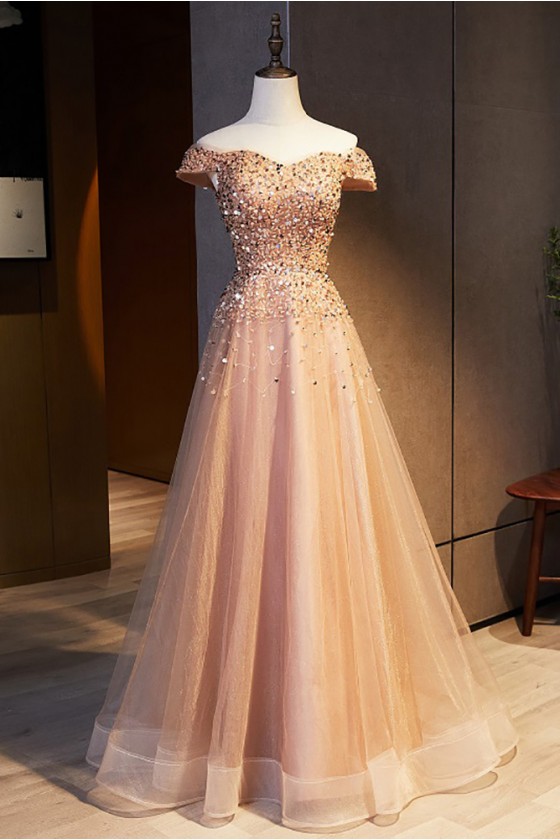 Elegant Off Shoulder Gold Tulle Prom Dress With Sequins