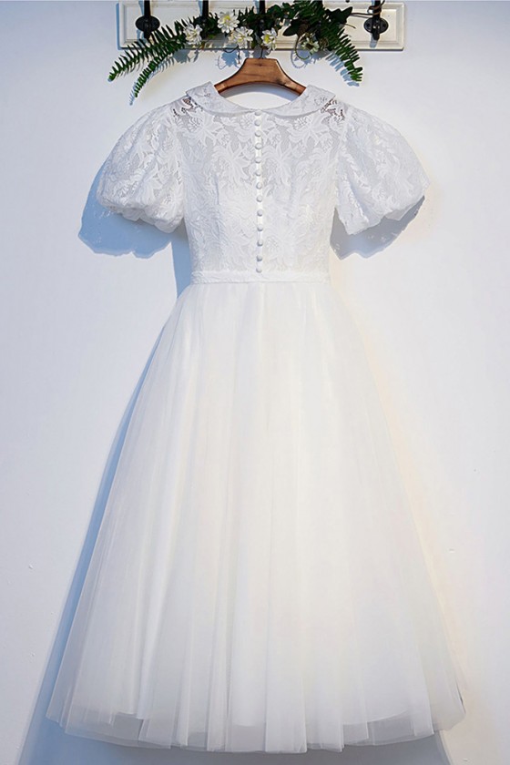 Simple White Aline Tulle Party Dress With Lace Sleeves