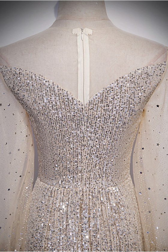 Classy Long Champagne Off-the-Shoulder Sequins Split Evening Party Gowns With Long Sleeves main image 1