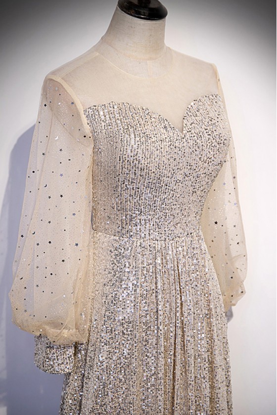 High Neck Light Champagne Long Sleeves Evening Dress,DS3491