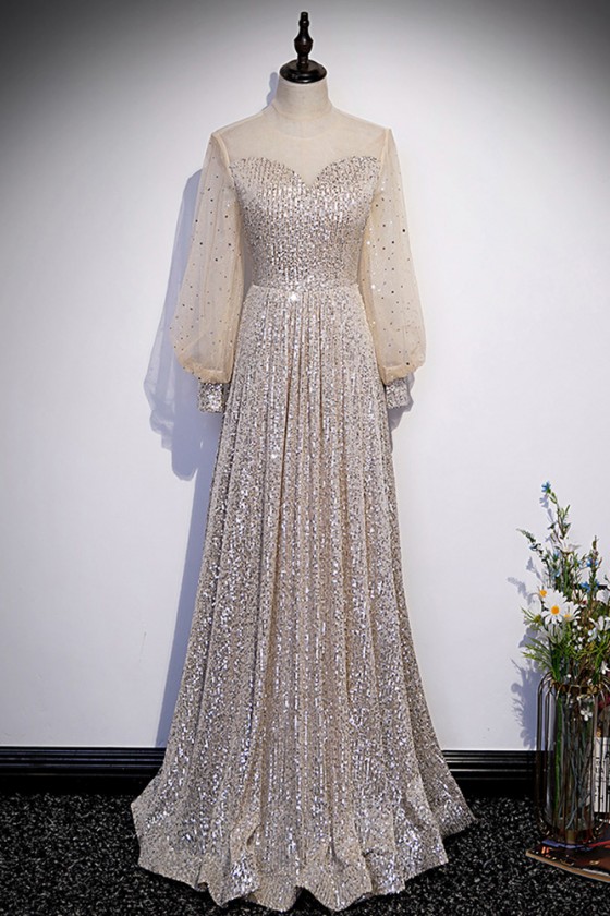 Elegant Slim Long Sequined Champagne Evening Dress With Long Sleeves