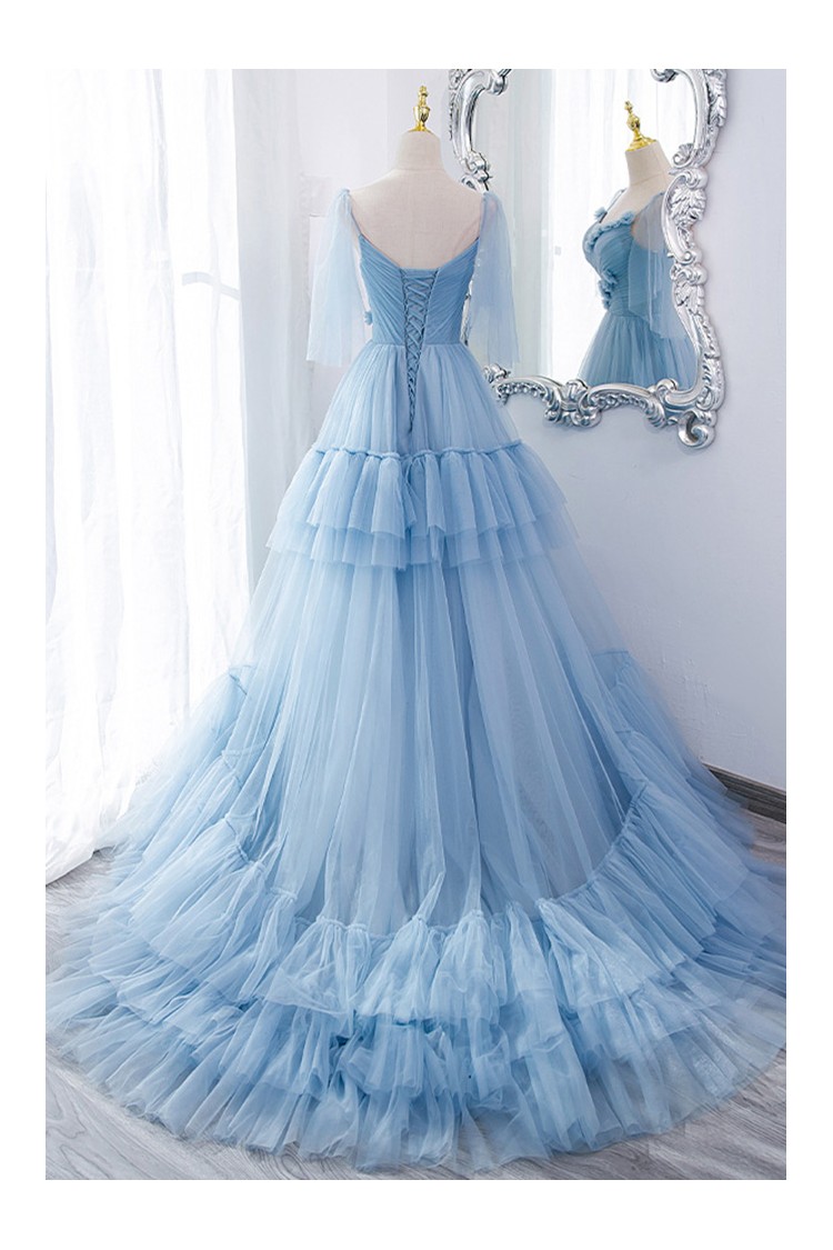 Dreamy Blue Pleated Long Tulle Prom Dress with Cape Tulle Sleeves ...