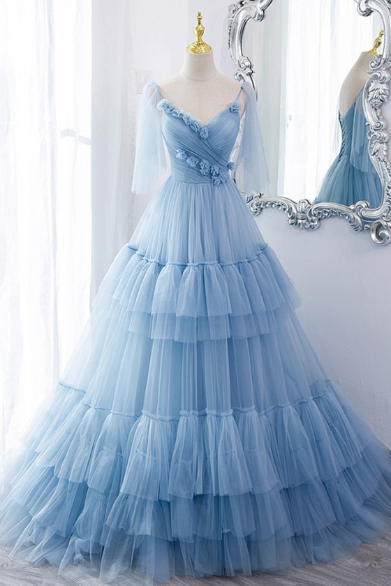 Dreamy Blue Pleated Long Tulle Prom Dress With Cape Tulle Sleeves