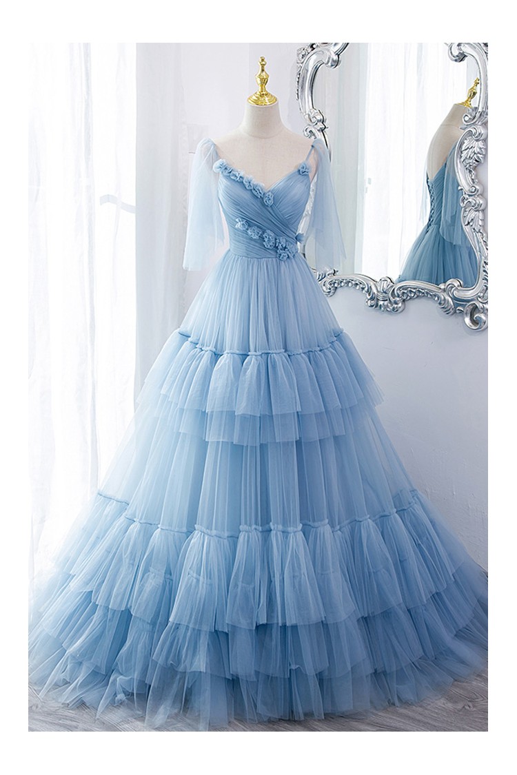 Dreamy Blue Pleated Long Tulle Prom Dress with Cape Tulle Sleeves ...