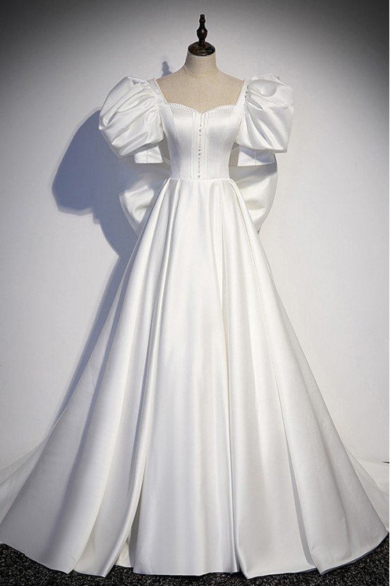 Fancy Satin Long White Prom Dress With Bubble Sleeves Big Bow