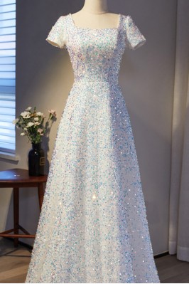 Sparkly Green Sequins Square Neck A-line Long Prom Dress with Slit& Sleeves, PD37908 main image 0