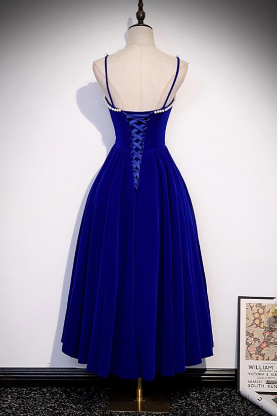 Chic Simple Blue Velvet Midi Party Dress with Pearls Straps - $77.9904  #MS17080 - SheProm.com