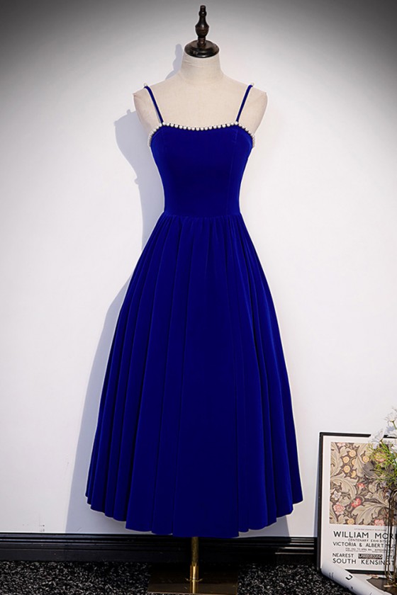 Chic Simple Blue Velvet Midi Party Dress With Pearls Straps
