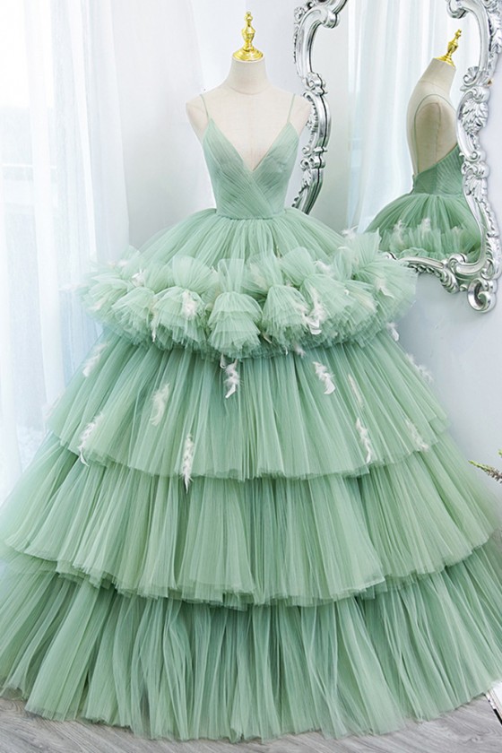 Stunning Pleated Green Tulle Prom Dress Ballgown With Straps