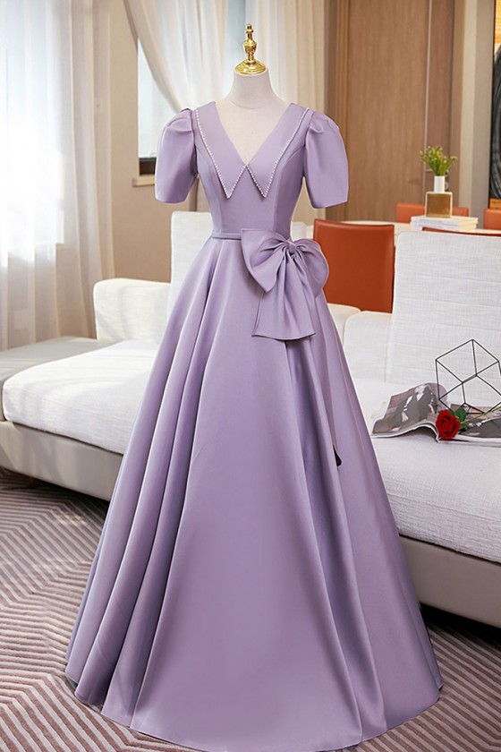 Elegant Purple Long Evening Party Dress With Collar Sleeves