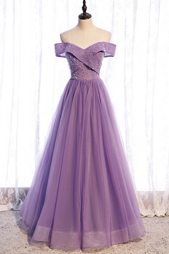 Gorgeous Purple Tulle Long Prom Dress With Sequins