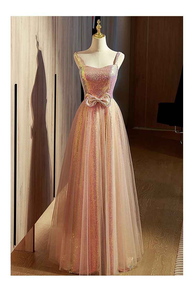 Sparkly Long Gold Tulle Prom Dress With Keyhold Back - $120.9816 #MYS69099  