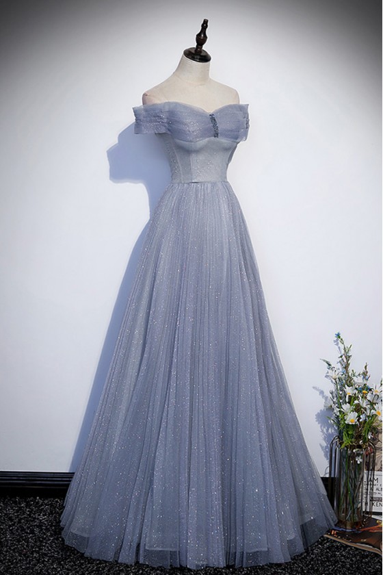 Gorgeous Off Shoulder Blue Bling Tulle Prom Dress For Parties - $127.9872  #MS17084 - SheProm.com