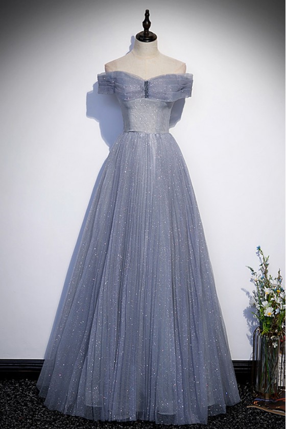 Gorgeous Off Shoulder Blue Bling Tulle Prom Dress For Parties