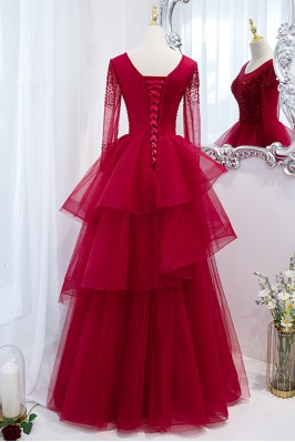 Two-Piece Square Neck Short Sleeves Sequins Ruffles Tiered Tulle Prom Dress
