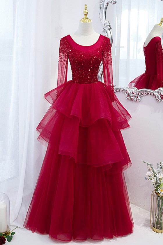 Ruffled Tulle Long Prom Dress With Sequins Long Sleeves