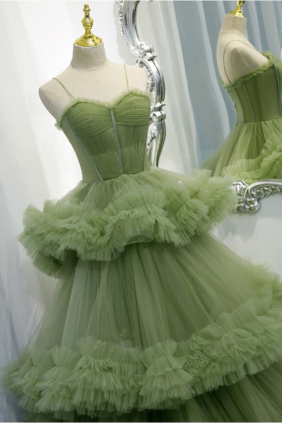 Green Tulle Stunning Ruffles Long Prom Dress with Straps - $249.9912 # ...