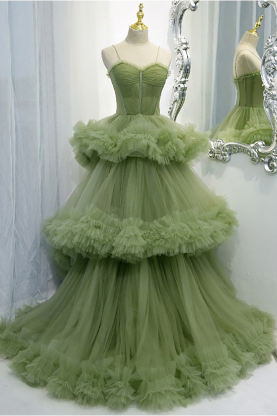 Green Tulle Stunning Ruffles Long Prom Dress With Straps