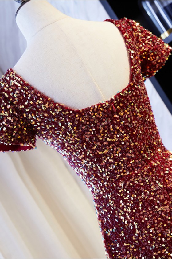 17136 Burgundy Waistband Detail Sequined Dress